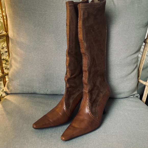 🤎 Vintage US 7.5 Franco Sarto Cognac Brown Suede & Leather Tall Boots - Picture 3 of 9